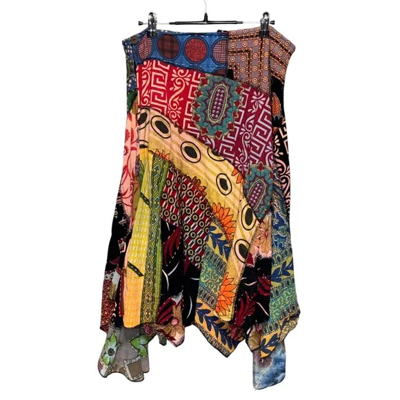 Sacred Threads Midi Skirt Handkerchief Hem Patchwork Boho Hippie Artsy Womens XL - Picture 2 of 10